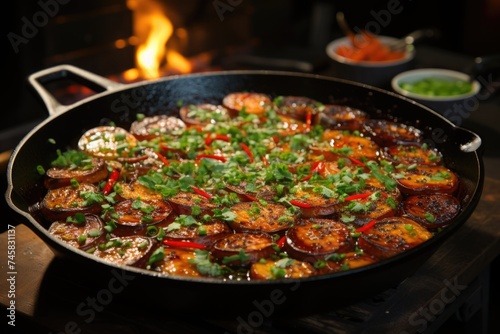 Berinjela spicy hot stew in Korean style with green onion, generative IA