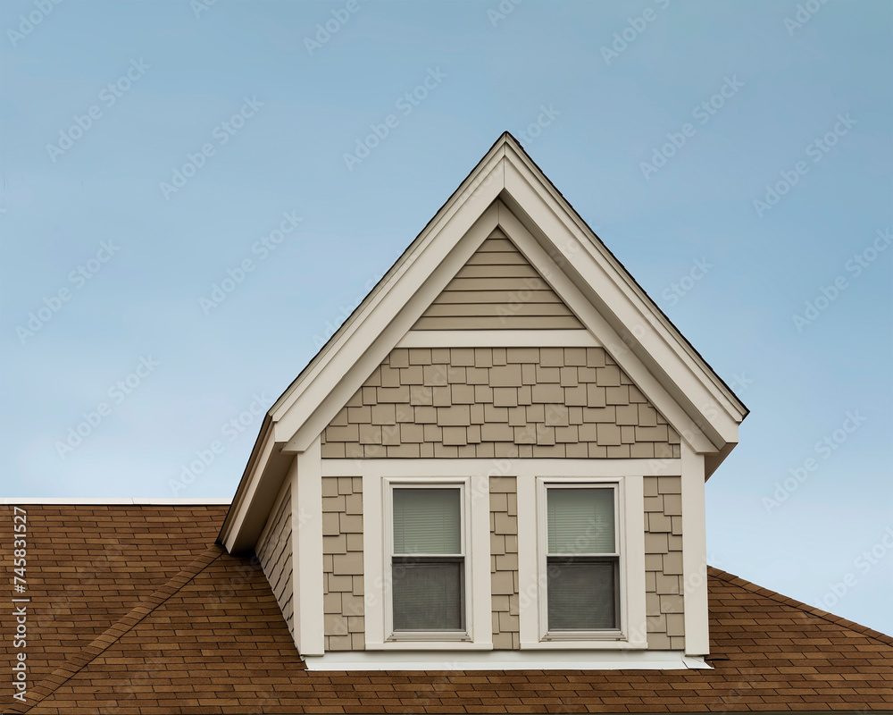 Close-up view of gabled dormer window on a sloped house roof in Brighton, MA, USA