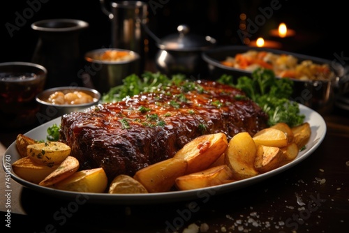 Baked meat closeup with vegetable sauce and chips on a plate on the general table, generative IA