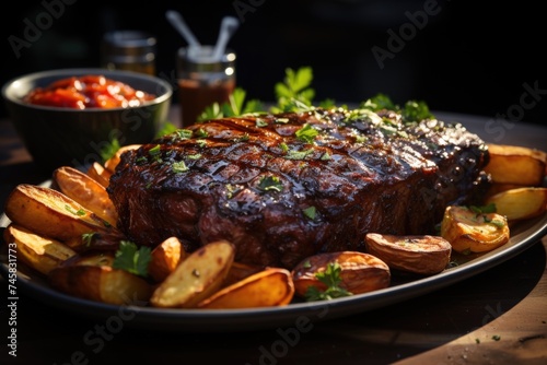 Baked meat closeup with sauce, vegetables and chips on a plate on the table, generative IA