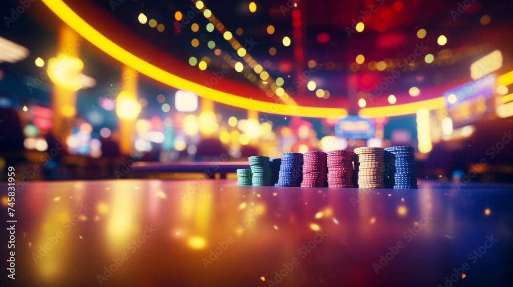 Online casino banner. Casino Chips Blurred Background.