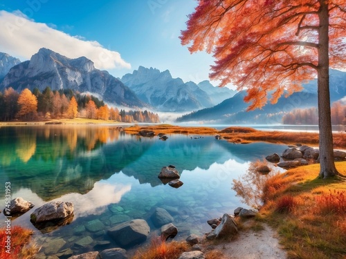 Beautiful autumn scene of Hintersee lake. Colorful morning view of Bavarian Alps on the Austrian border, Germany, Europe. Beauty of nature concept background.