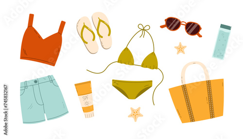 Set of summer accessories. Flat vector illustration isolated on white