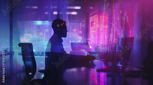 A holographic projection of a financial advisor discussing investment strategies with a client, illustrating personalized wealth management.