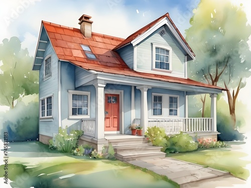 Cute clipart style watercolor illustration with house  