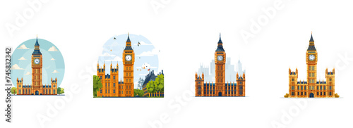 Big Ben, London landmark, clock tower clipart vector illustration set