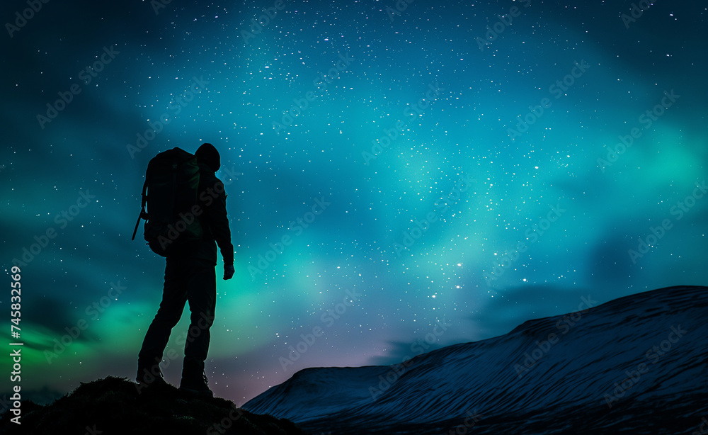 Aurora Wanderlust: Hiker Silhouette Amidst Icelandic Northern Lights