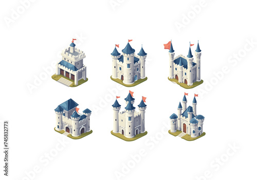 castle set isometric vector flat minimalistic isolated illustration