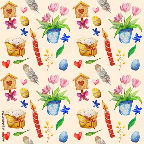 Watercolor hand-drawn seamless pattern with springrime elements and flowers. photo
