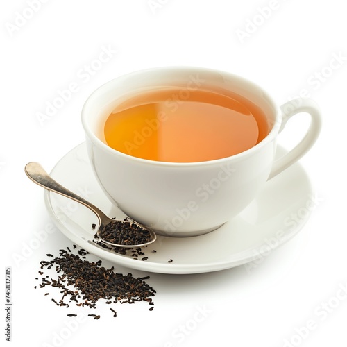 Black tea in a white cup, side view, on a white background. Spilled tea.