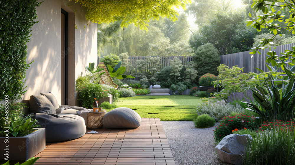 A peaceful balcony garden with a basic seating area.