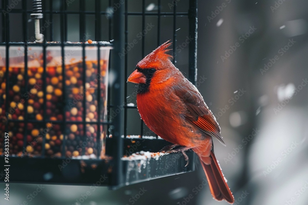 Bright red male northern cardinal songbird perched bird on a backyard feeder.
 - obrazy, fototapety, plakaty 
