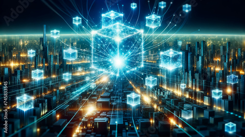 Blockchain technology abstract. Futuristic network of blockchain nodes with illuminated connections on digital landscape, dark background. © unicusx