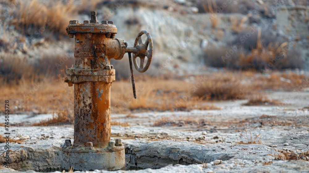 A rusted water pump standing idle beside a dried-up well, symbolizing the failure of irrigation systems in the face of agricultural drought A rusted water pump standing idle beside a dried-up well, symbolizing the failure of irrigation systems in the face of agricultural drought