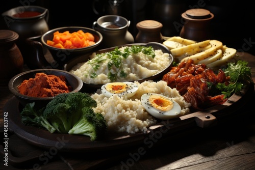 Different types of porridge with vegetables cooked on the wooden plate, generative IA