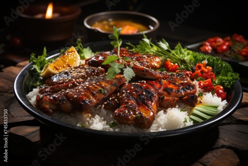 Rice ornament with spicy grilled grilled chicken thigh on a granite plate, generative IA