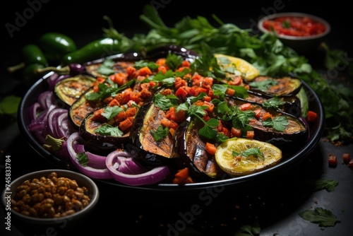 Hot spicy eggplant, peppers, olives and capers with basil leaves., generative IA