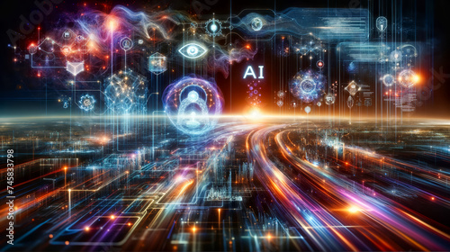 Vibrant digital illustration of artificial intelligence and machine learning concepts with symbols and connections over digital landscape.
