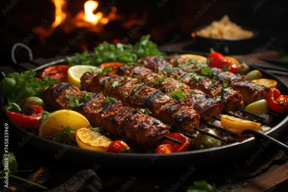Grilled meat skewers with fresh vegetables and spices generated by AI, generative IA