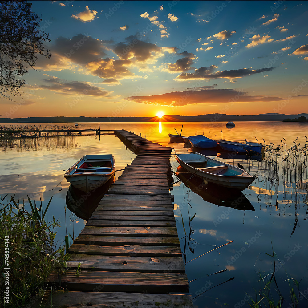 sunset over a pier on with boats on a lake. copy space