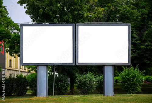 Two large empty horizontal blank advertising billboards mockup. © Bojanikus