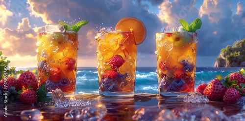 Sipping three glasses of fruitinfused iced tea by the seaside photo