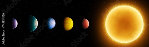 Star with planets. Planetary system. Model of a star system with exoplanets. Planets in a row near the sun.