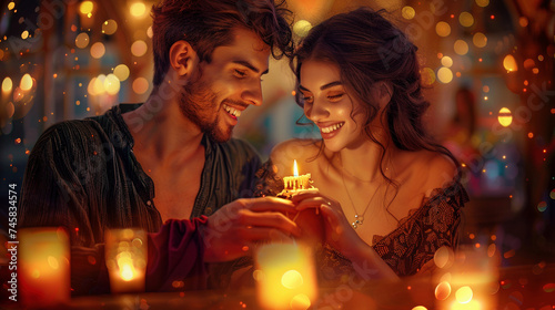 Romantic Couple Celebrating, Surrounded by Candles