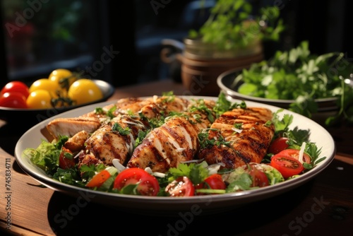 Grilled chicken on a white plate with a salad, tomato, peppers cut into pieces on , generative IA