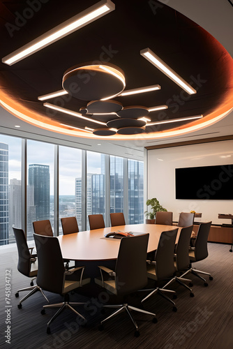 Modern Conference Room with Round Table and Sleek Pendant Light
