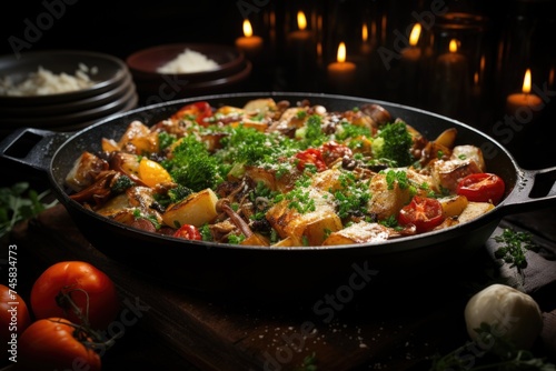 Vegetable meat stew with a ceramic pan., generative IA