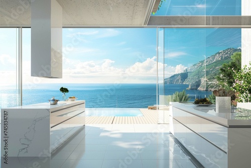Modern white kitchen with ocean view   