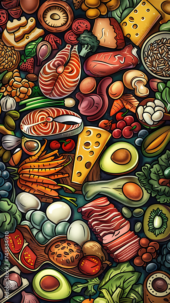 A Colorful and Detailed Assortment of Various Foods and Ingredients.