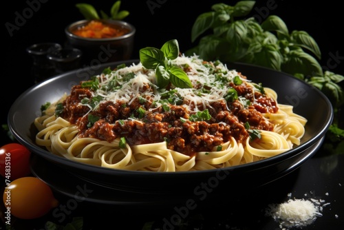 Pasta with bolognese sauce, fresh basil and tomatoes on a black plate on graphite , generative IA