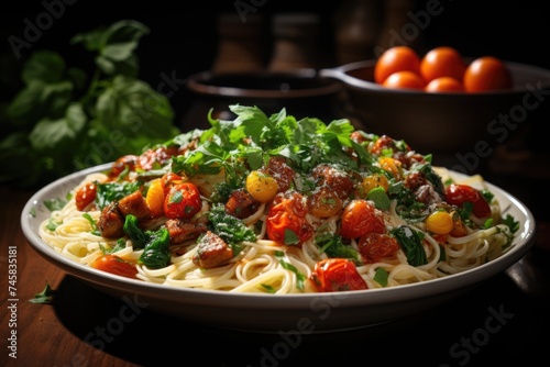 Noodles with sausage tomato sauce, tomatoes, green basil decorated on white plate , generative IA