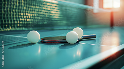 Two rackets and balls for table tennis or ping pong on a green table with a net, focus on the ball. Sports and competition concept. © Oksana Klymenko