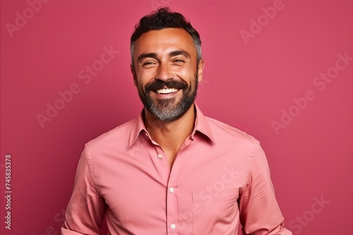 Portrait of a handsome bearded Indian man in a pink shirt on a pink background © Loli