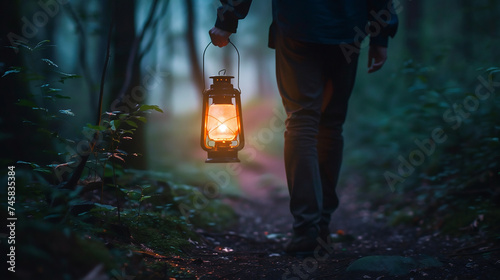 A person holding a lantern in a dark forest, with a path illuminated ahead, symbolizing guidance and hope in mental health recovery.