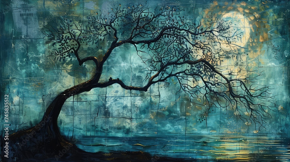 Naklejka premium Twisted tree forms with quilt inspired patterns emerge from the darkness, a blend of nature and abstract art. Vibrant abstract quilted tapestry artwork intricate patterns and gradian