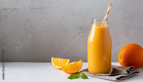 Orange smoothie in glass bottle with paper straw. Tasty and healthy drink. Summer beverage. photo