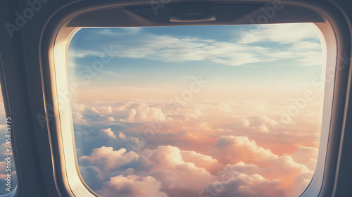 Take-off moment: close-up of the plane window with a view of the clouds. In the style of hygge. © Dennis