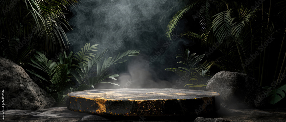 Stone platform, podium with gold, steam or smoke, on dark jungle tropical leaves background. Layout, display for product presentation. Lights, shadows effect. Generative AI Stone platform, podium with gold, steam or smoke, on dark jungle tropical leaves background. Layout, display for product presentation. Lights, shadows effect. Generative AI
