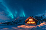 cozy wooden cabin nestled amidst a snowy landscape,in the ethereal glow of the aurora borealis. 
