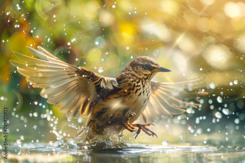 small brown bird with a yellow breast (possibly a redwing) is splashing in a puddle of water photo