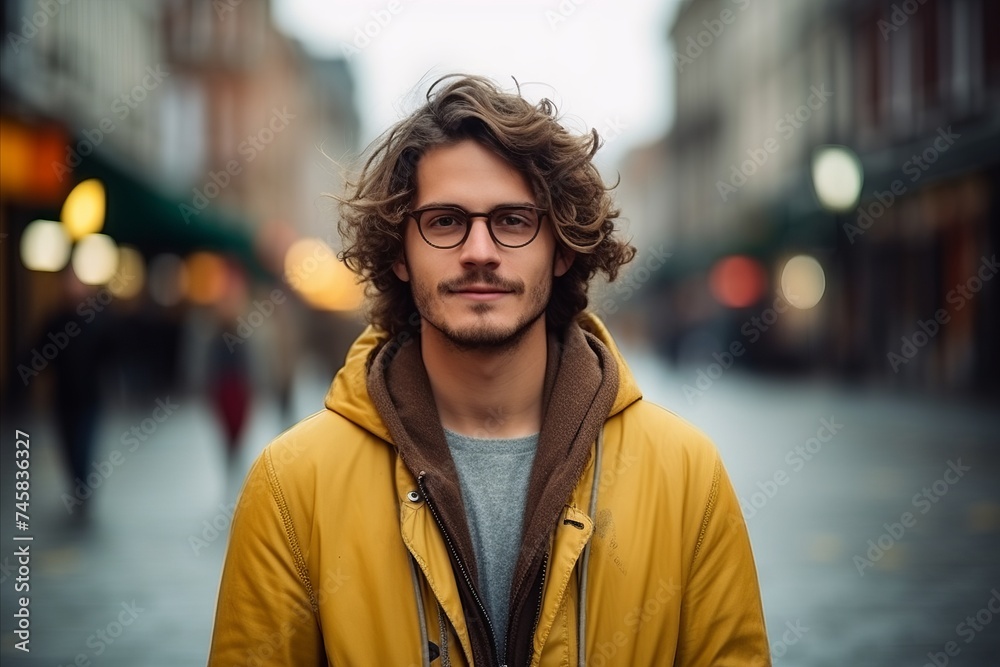 Portrait of a handsome young man with long curly hair, wearing a yellow jacket and glasses, standing on a city street.
