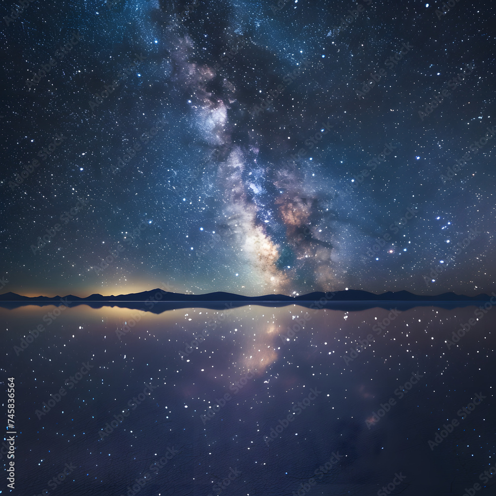 Fototapeta premium sky with stars and clouds water reflection 