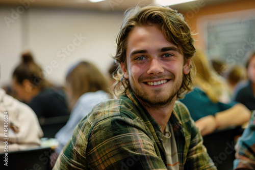 Happy male university student attending lecture in classroom