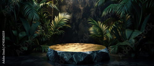 Stone platform  podium with gold on dark jungle tropical leaves background. Layout  display for product presentation. Lights  shadows effect. Generative AI