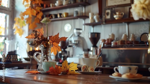 portrait of a charming coffee shop or cafe with autumn decorations