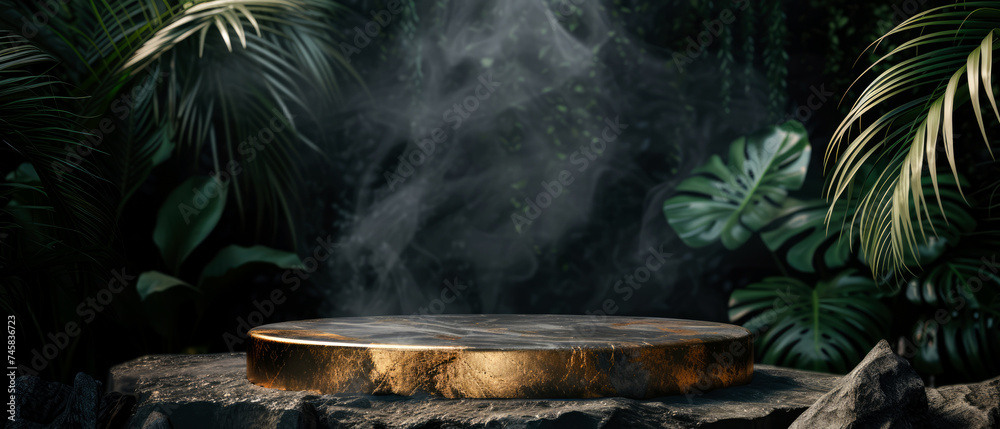 Stone platform, podium with gold, steam or smoke, on dark jungle tropical leaves background. Layout, display for product presentation. Lights, shadows effect. Generative AI Stone platform, podium with gold, steam or smoke, on dark jungle tropical leaves background. Layout, display for product presentation. Lights, shadows effect. Generative AI
